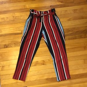 Colorful striped tie waist ankle pants